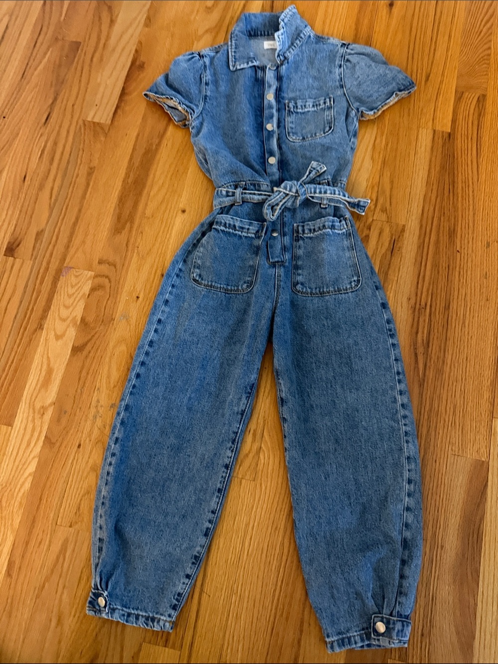 Zara Blue Short-Sleeve Denim Overalls with Tie Belt